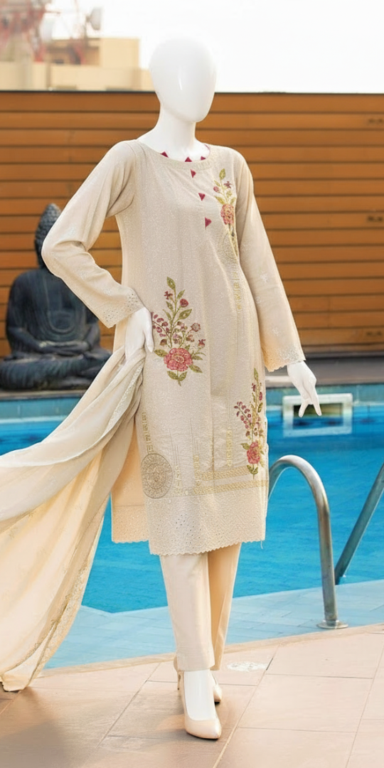 Elegant Beige Embroidered Lawn 3-Piece Suit
