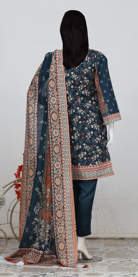Rohab Navy Blue Floral Embroidered Unstitched 3-Piece Lawn Suit – 2025