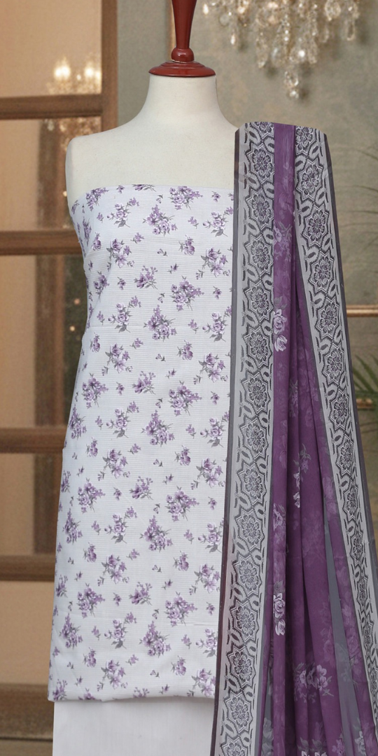 Elegant Floral Printed Lawn 3-Piece Unstitched Suit in Soft Grey & Pink