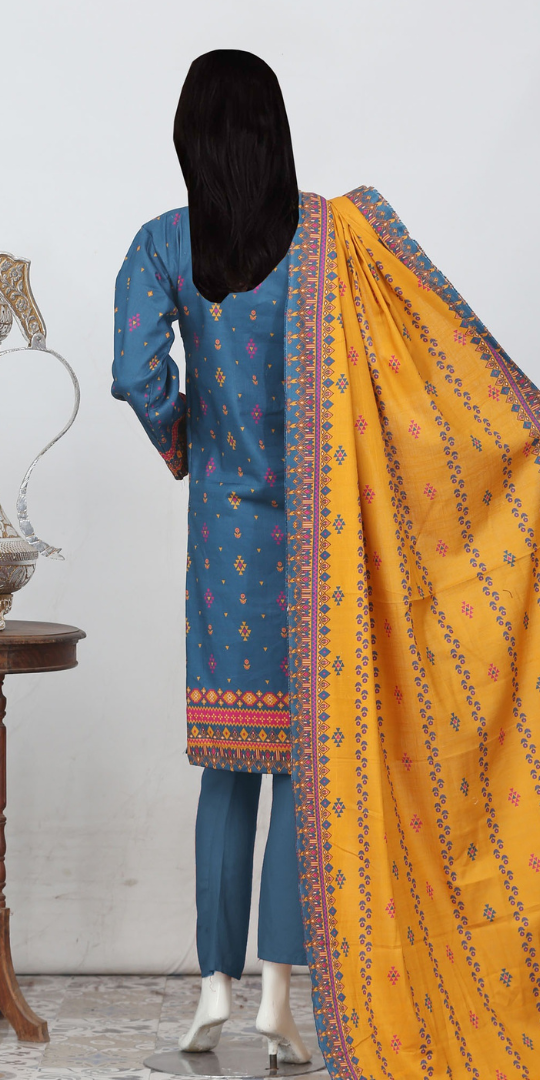 Rohab Blue Geometric Embroidered Unstitched 3-Piece Lawn Suit – 2025