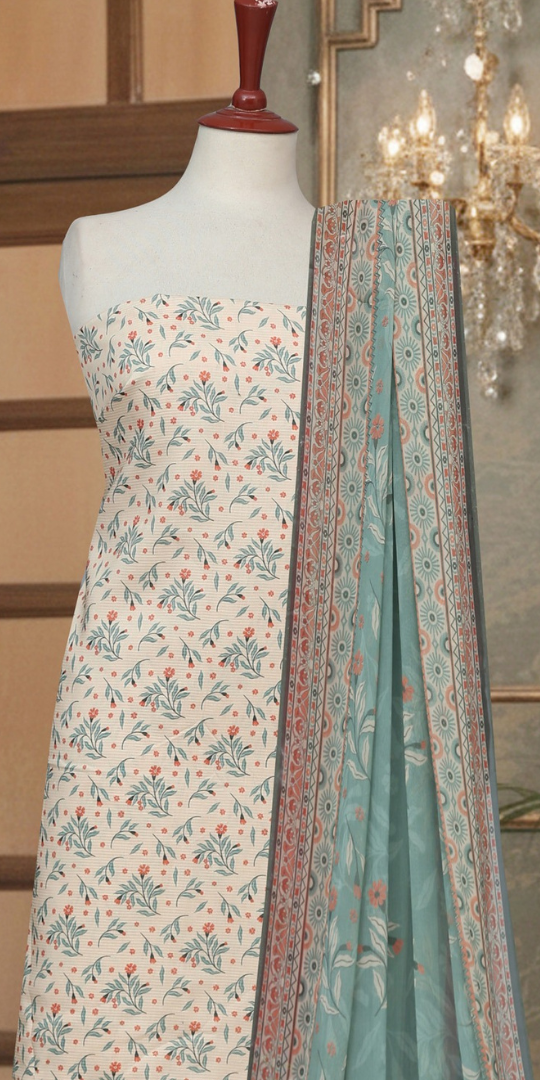 Graceful Floral Cream & Teal Printed Lawn 3-Piece Unstitched Suit
