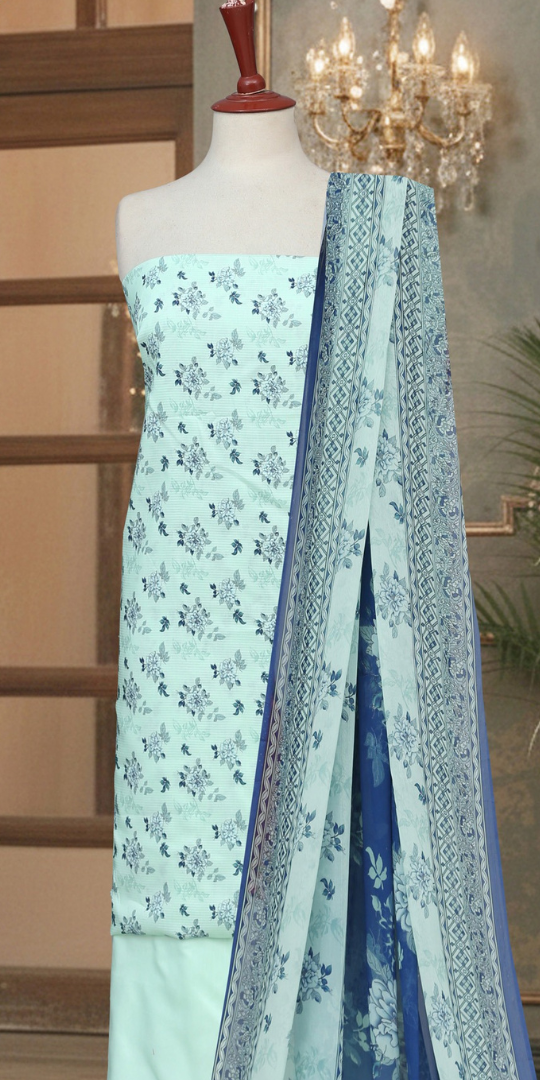 Sky Blue & Navy Floral Printed Lawn 3-Piece Unstitched Suit