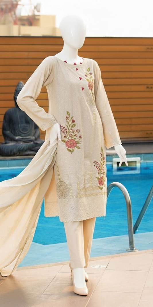 Elegant Beige Embroidered Lawn 3-Piece Suit