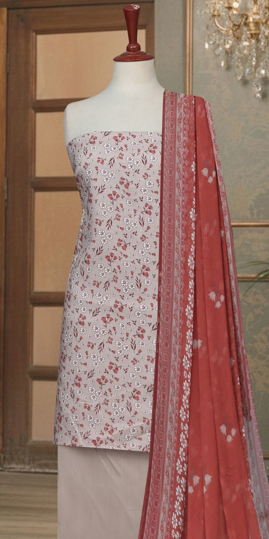 Blush Pink Floral Printed Unstitched Suit Set with Contrast Rust Dupatta