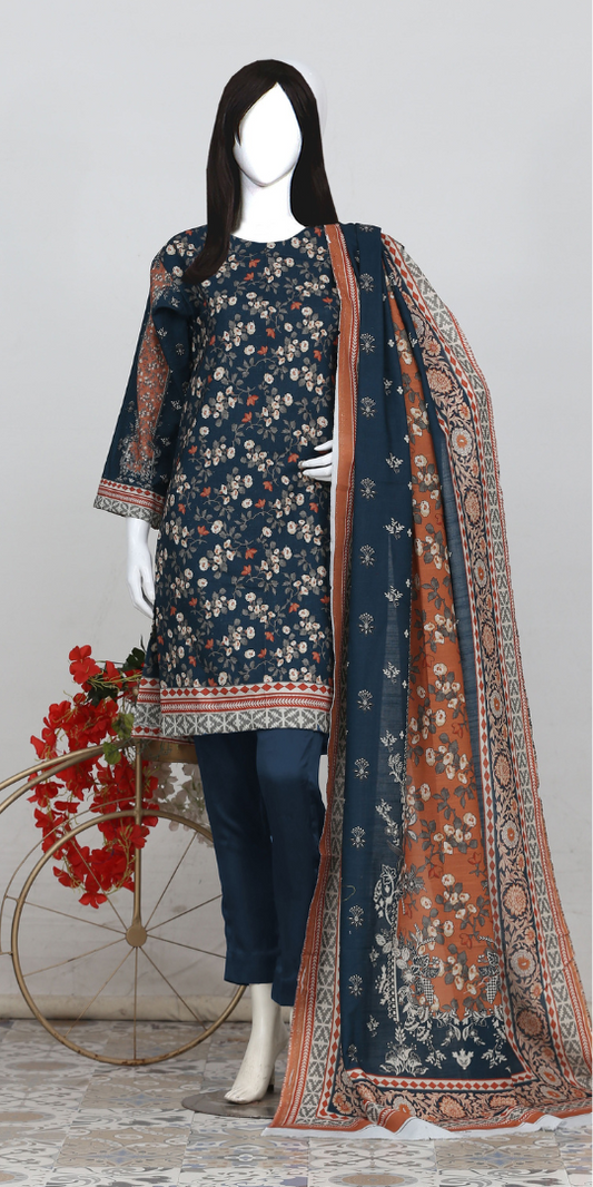 Rohab Navy Blue Floral Embroidered Unstitched 3-Piece Lawn Suit –  2025