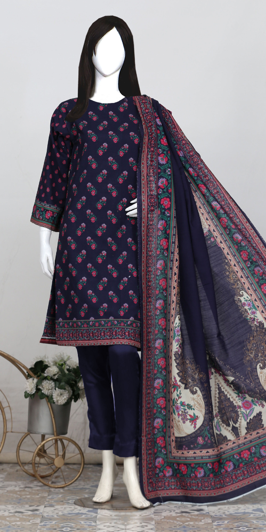 Rohab Navy Blue Floral Printed Unstitched 3-Piece Lawn Suit –2025