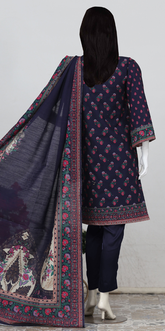 Rohab Navy Blue Floral Printed Unstitched 3-Piece Lawn Suit –2025