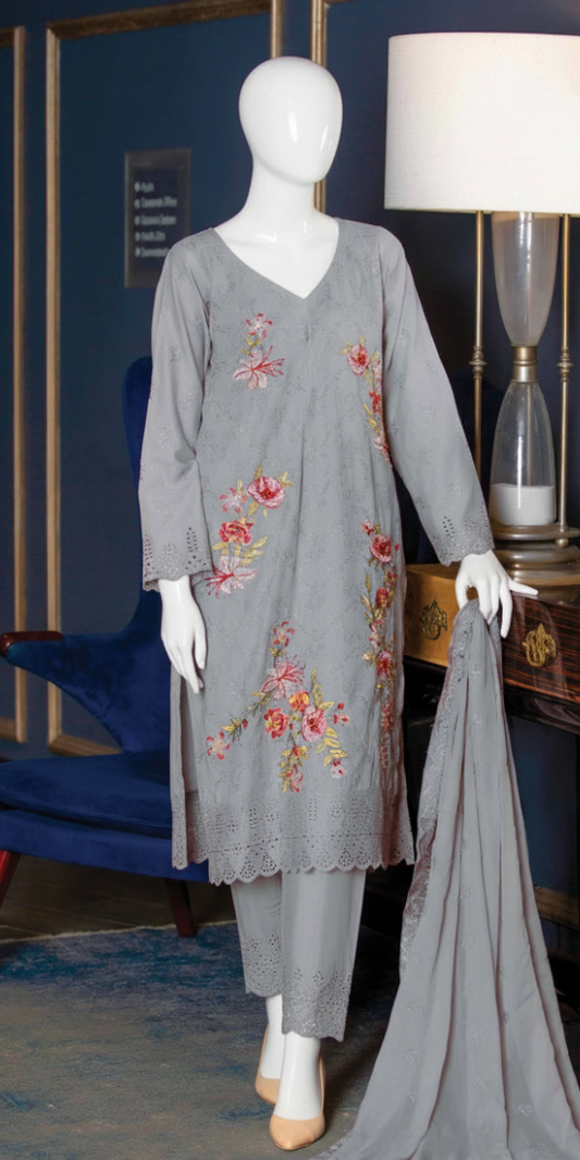 Silver Bloom Embroidered Lawn 3-Piece Suit