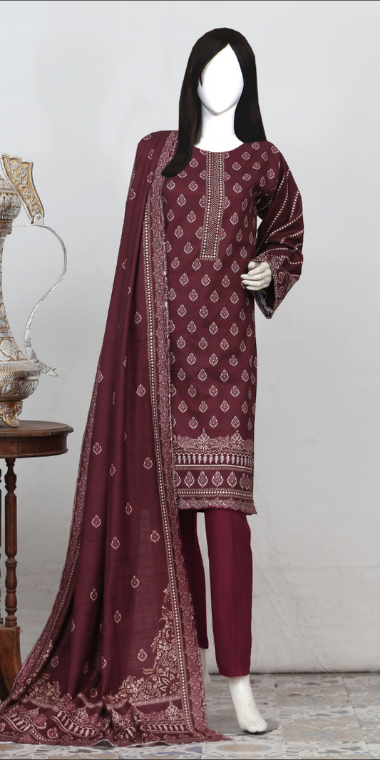 Rohab Maroon Geometric Embroidered Unstitched 3-Piece Lawn Suit – 2025