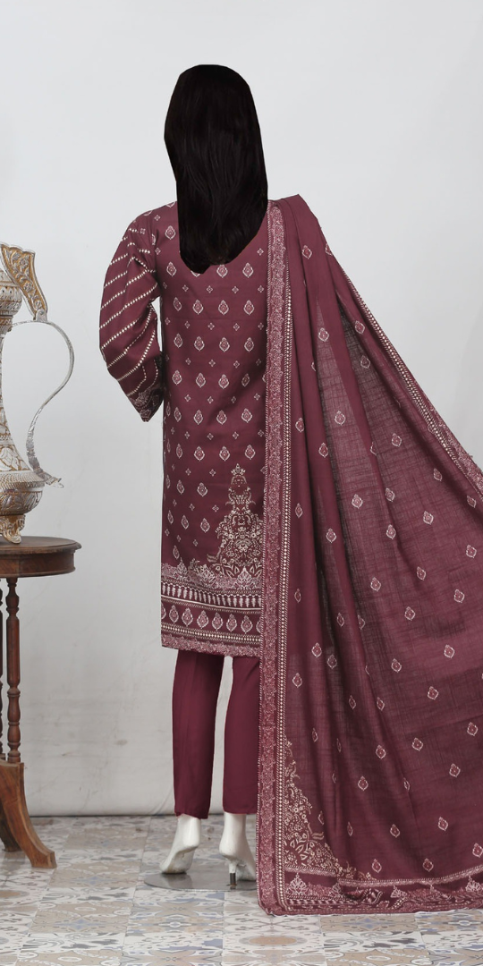 Rohab Maroon Geometric Embroidered Unstitched 3-Piece Lawn Suit – 2025