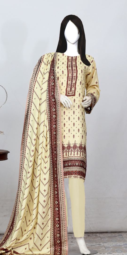 Rohab Beige Geometric Embroidered Unstitched 3-Piece Lawn Suit – 2025