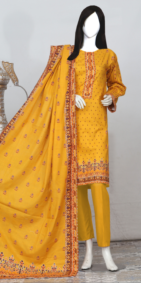 Rohab Yellow Geometric Embroidered Unstitched 3-Piece Lawn Suit – 2025