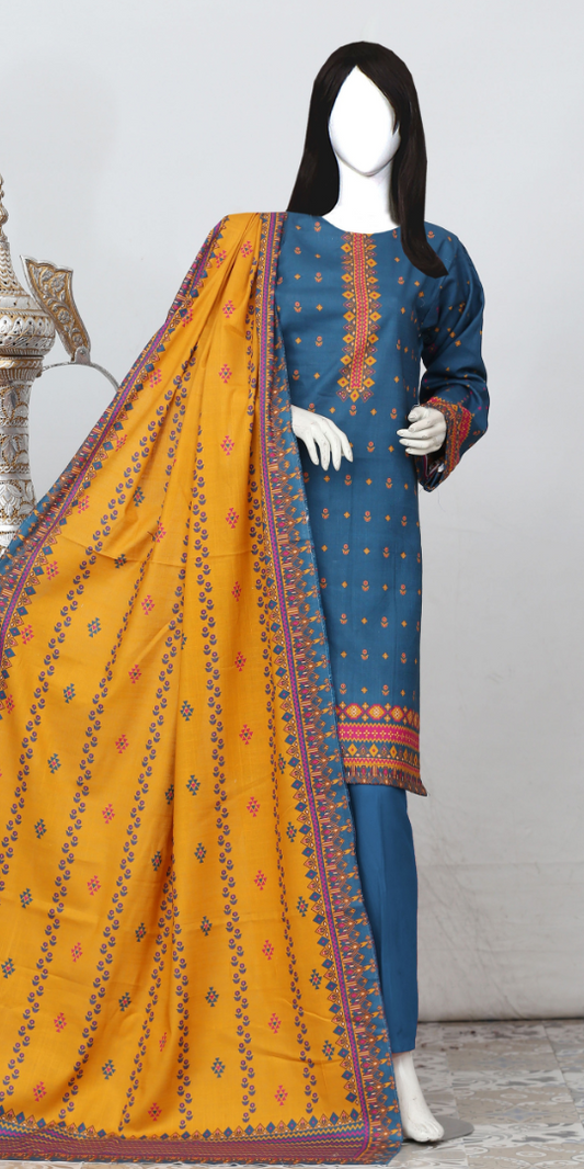 Rohab Blue Geometric Embroidered Unstitched 3-Piece Lawn Suit –  2025