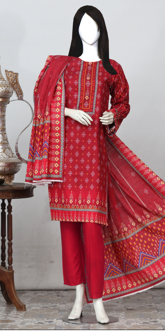 Rohab Red Geometric Embroidered Unstitched 3-Piece Lawn Suit – 2025