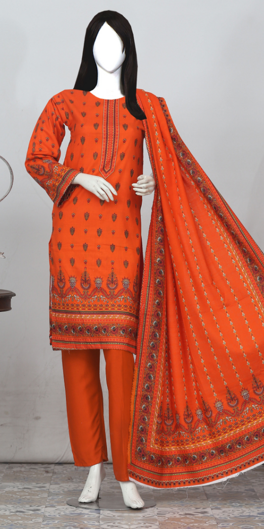 Rohab Orange Floral Embroidered Unstitched 3-Piece Lawn Suit –  2025